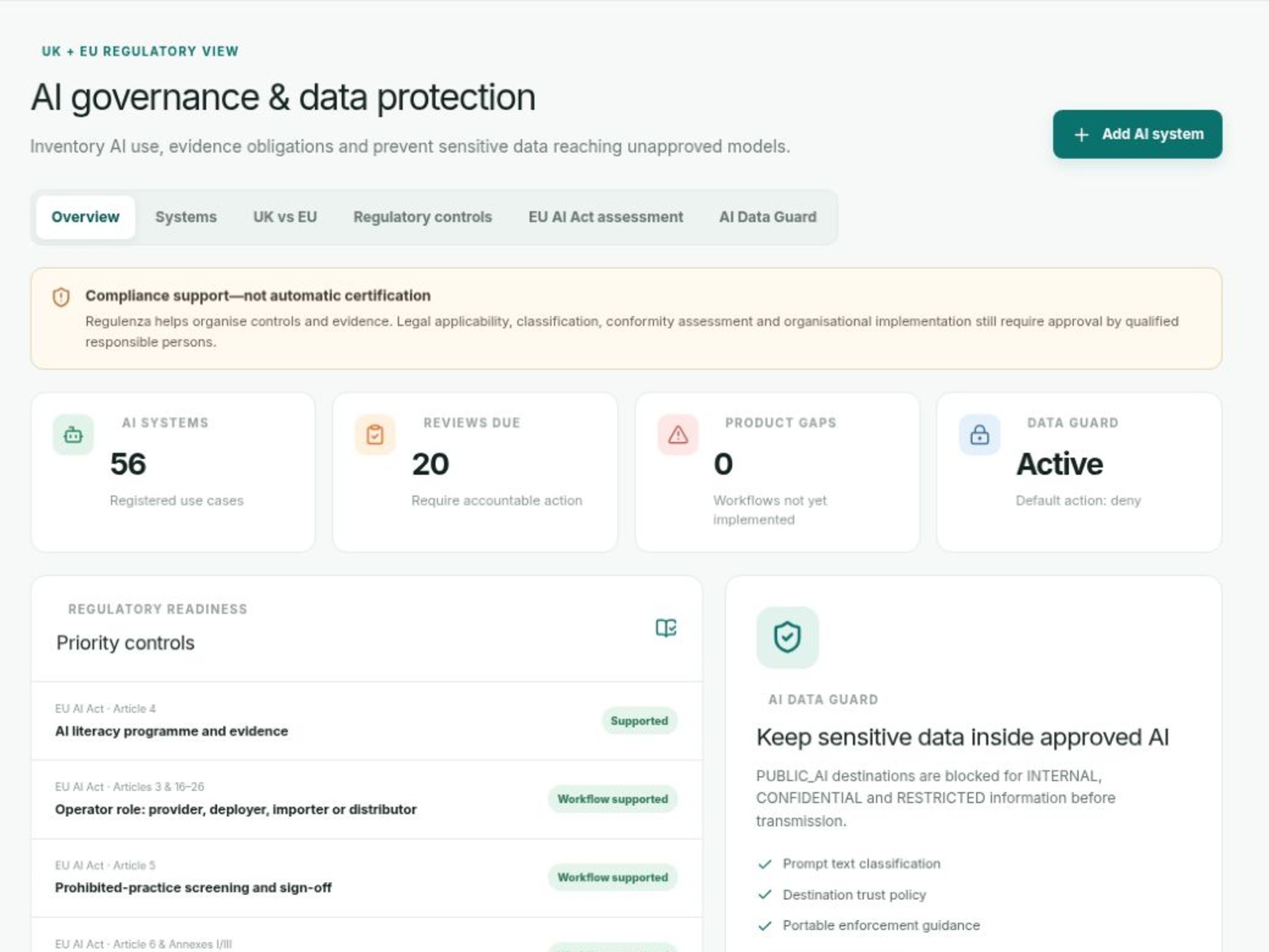 Real Regulenza AI governance and data protection interface using synthetic demonstration data