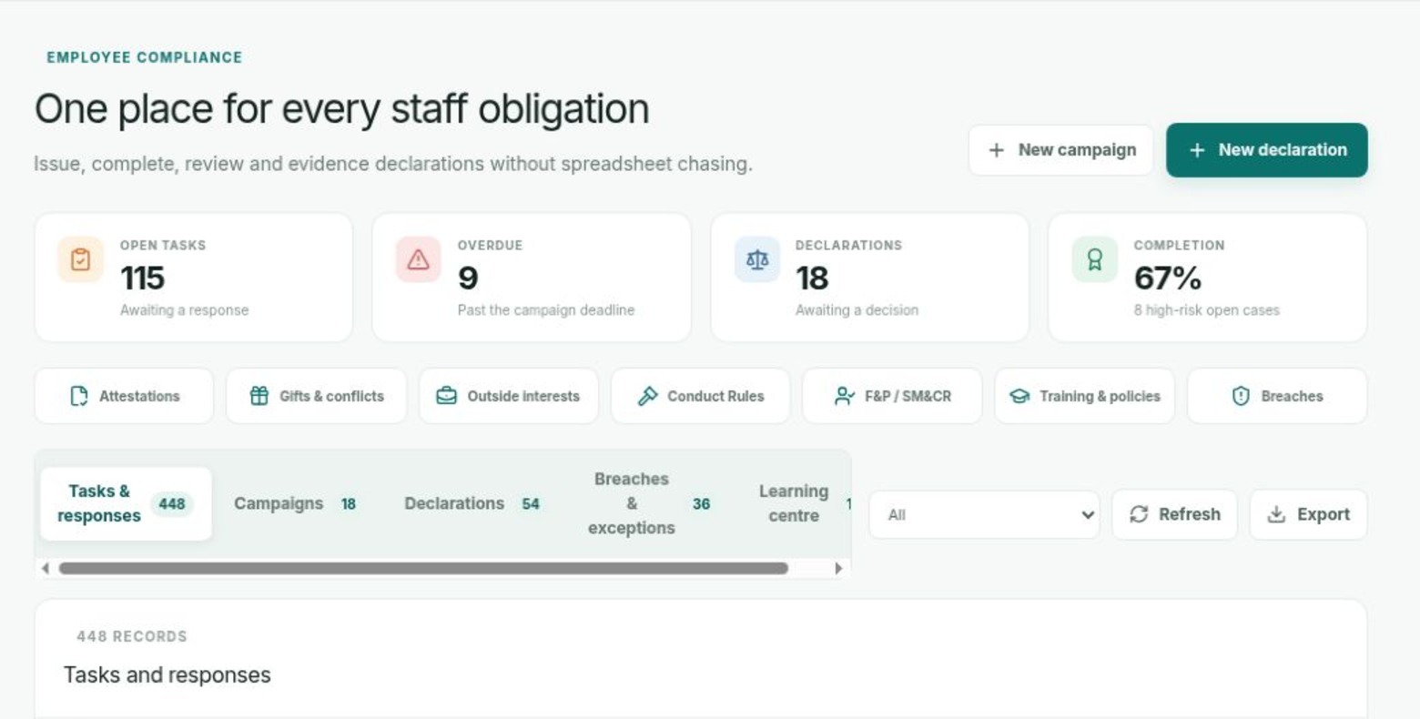 Real Regulenza employee compliance interface using synthetic demonstration data